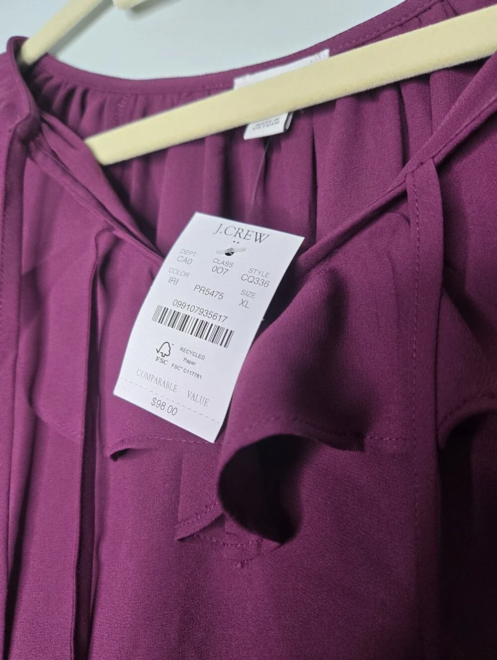 J Crew Iris Purple Long Sleeve Ruffle Tie-Front Blouse XL NWT